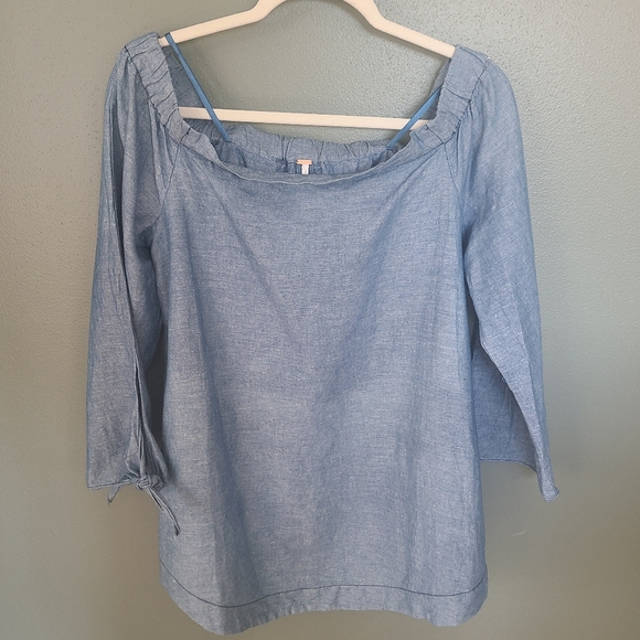 Free People Off Shoulder Chambray Top with Tie Sleeves, Size Medium - Picture 2 of 5